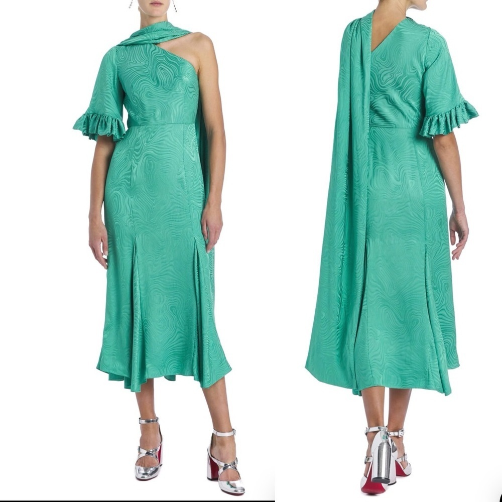 NWT Markarian  Jade Woodcut One Shoulder Ruffle Sleeve W Scarf Dress S Medium